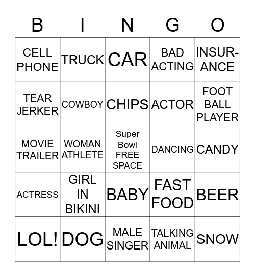 SUPER BOWL COMMERCIAL Bingo Card