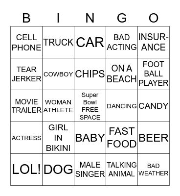 SUPER BOWL COMMERCIAL Bingo Card