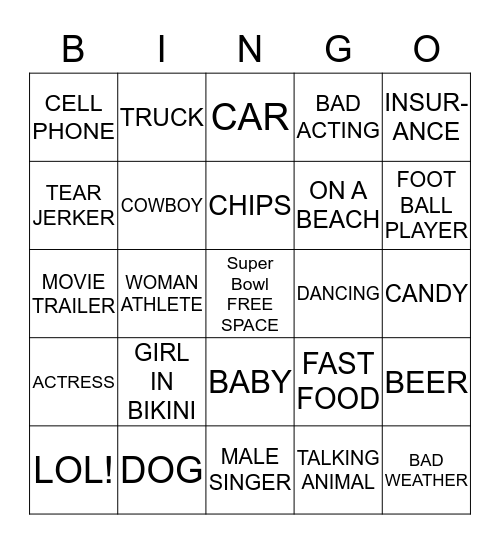 SUPER BOWL COMMERCIAL Bingo Card