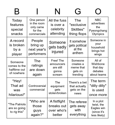 Super Bowl LII Bingo Card