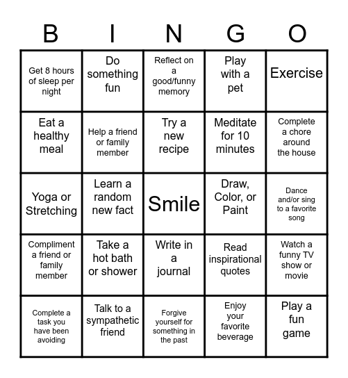 Self-Care Bingo Card