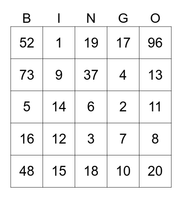 Number Bingo Card