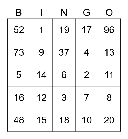 Number Bingo Card