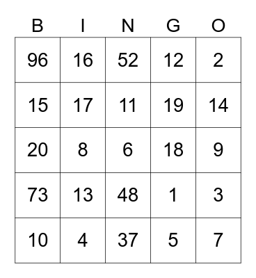 Number Bingo Card