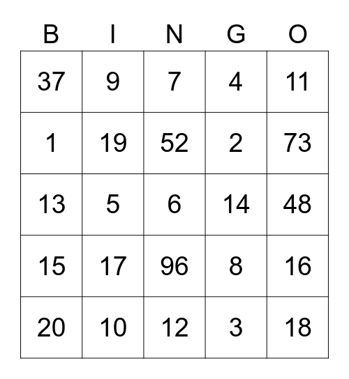 Number Bingo Card