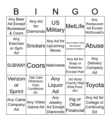 SUPERBOWL COMMERCIAL BINGO Card