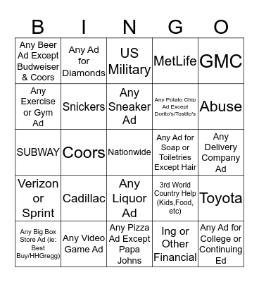 SUPERBOWL COMMERCIAL BINGO Card