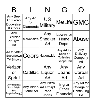 SUPERBOWL COMMERCIAL BINGO Card