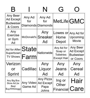 SUPERBOWL COMMERCIAL BINGO Card