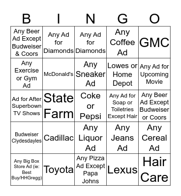 SUPERBOWL COMMERCIAL BINGO Card