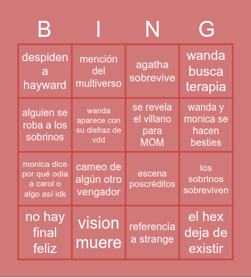 Wandavision ep. 9 Bingo Card