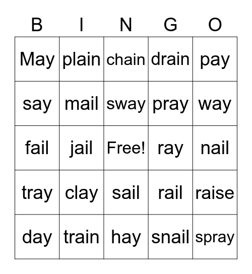 ai/ay words Bingo Card