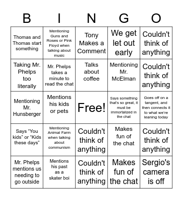Period 2 English Class Bingo Card