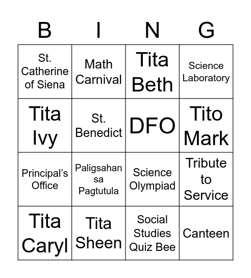 Benedictine Bingo Card
