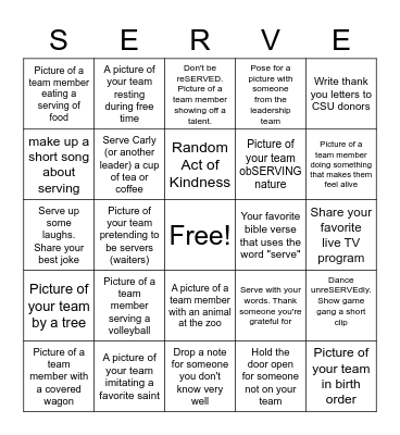 Live to Serve Bingo Card