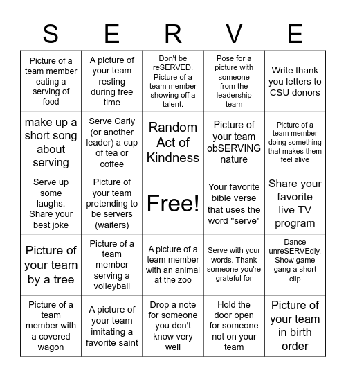 Live to Serve Bingo Card