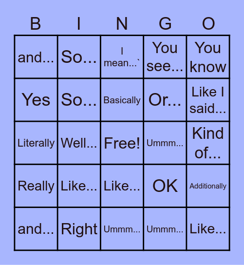 Filler Word Bingo Card