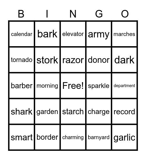 AR & OR  Words Bingo Card