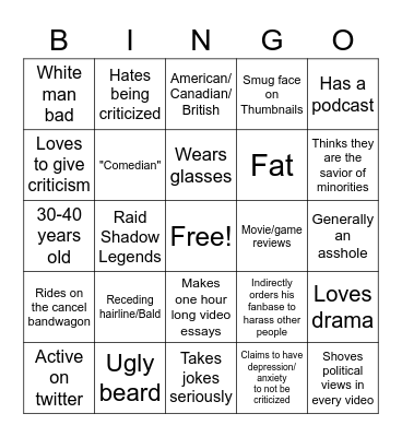 White Guy Youtuber Bingo Card