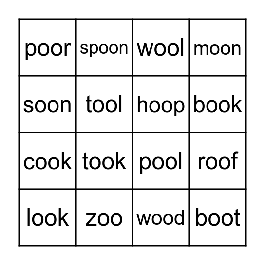 'oo' words Bingo Card