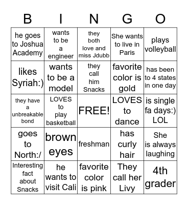 Livy and Jeremy Bingo Card