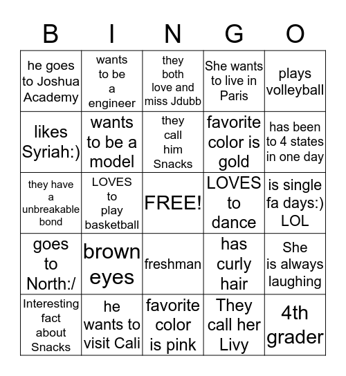 Livy and Jeremy Bingo Card