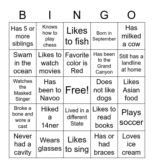 Get To Know You Bingo Card