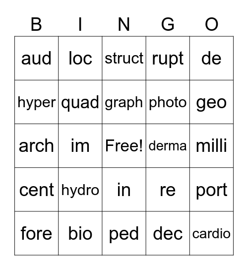 Greek and Latin Roots Unit 7 Bingo Card