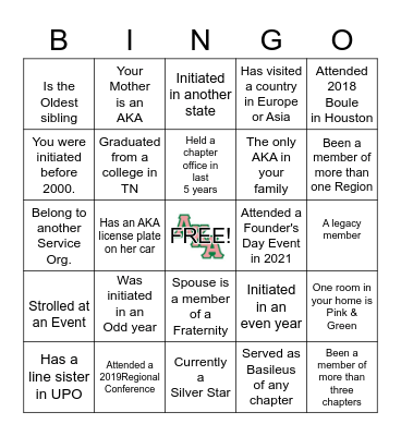 ALPHA KAPPA ALPHA SORORITY, INC. Bingo Card
