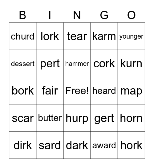 Words R-Controlled Vowels Bingo Card