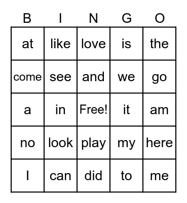 Sight Words Bingo Card