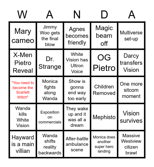WandaVision Finale Bingo Card