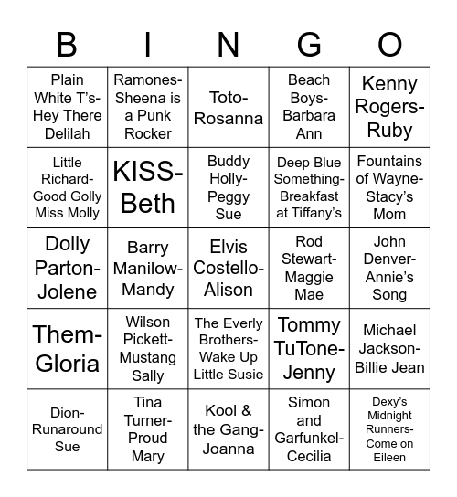Total-Quiz.Com Preseents: Radio Bingo Songs About Gals Bingo Card