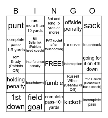 Super Bowl XLIX Bingo Card