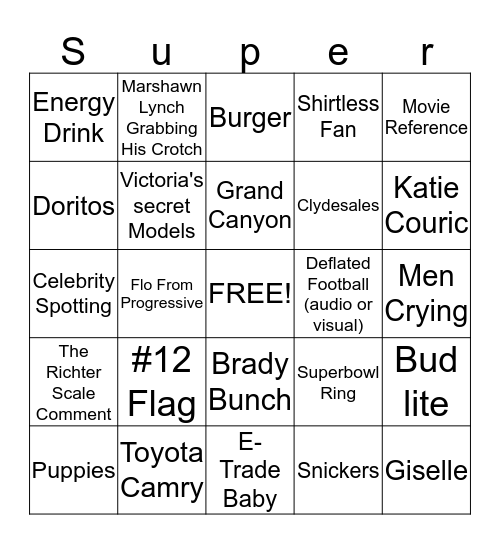 Superbowl 49 Bingo Card