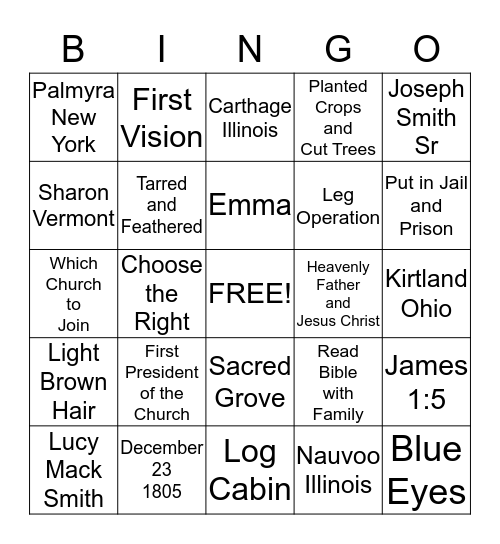 Joseph Smith Bingo Card