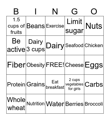 Nutrition Bingo  Bingo Card