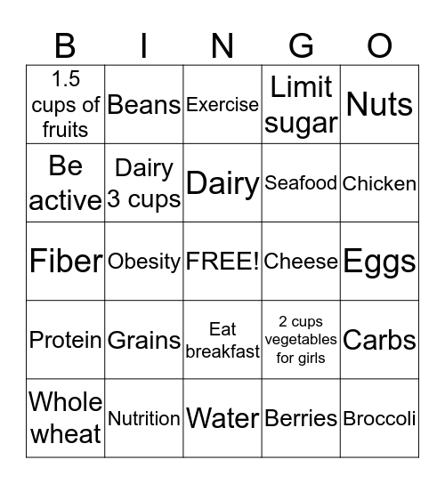 Nutrition Bingo  Bingo Card