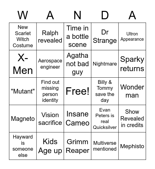 Wandavision Bingo Card