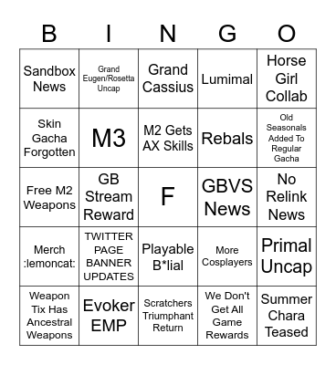 GBF 7th Anni Stream Bingo Card