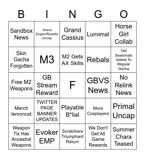 GBF 7th Anni Stream Bingo Card