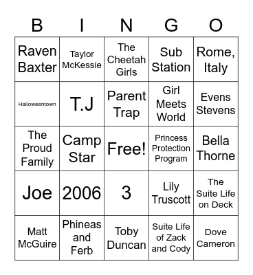 Disney Channel Bingo Card