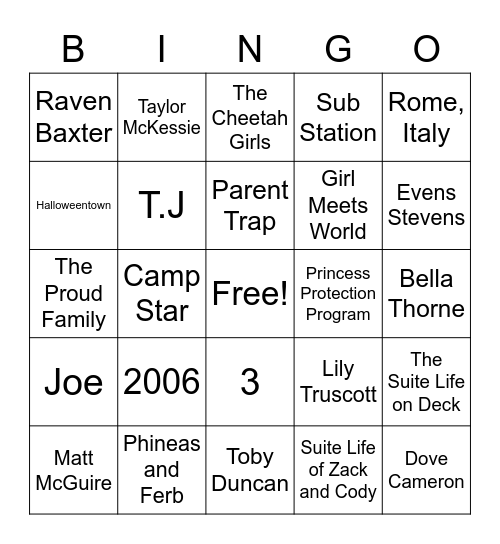 Disney Channel Bingo Card