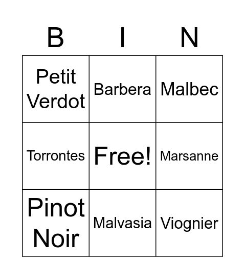 Grape Varieties Bingo Card