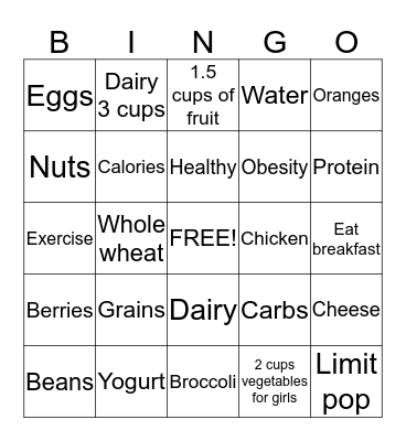 Nutrition Bingo Card