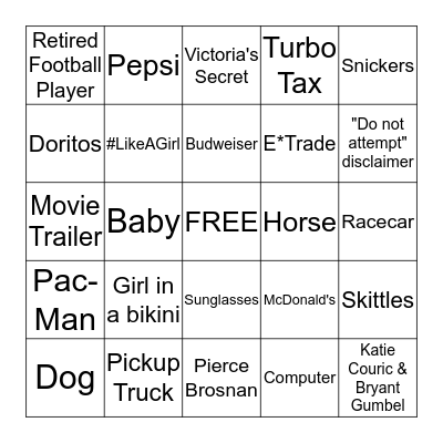 2015 Super Bowl COMMERCIALS  Bingo Card