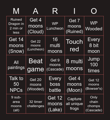 Mario Odyssey Bingo Card
