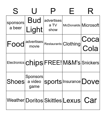 Superbowl Commercial Bingo Card