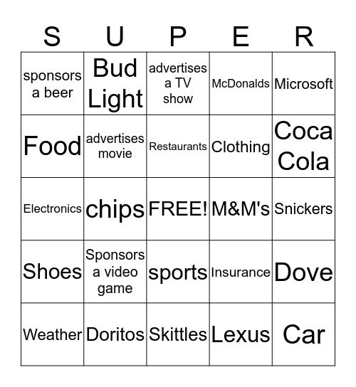 Superbowl Commercial Bingo Card