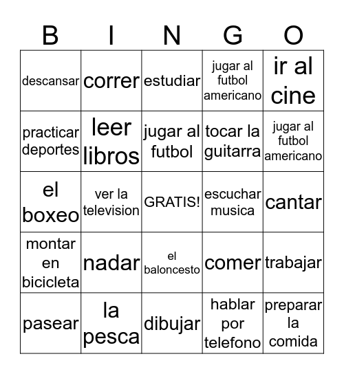 Los pasatiempos y deportes Bingo Card